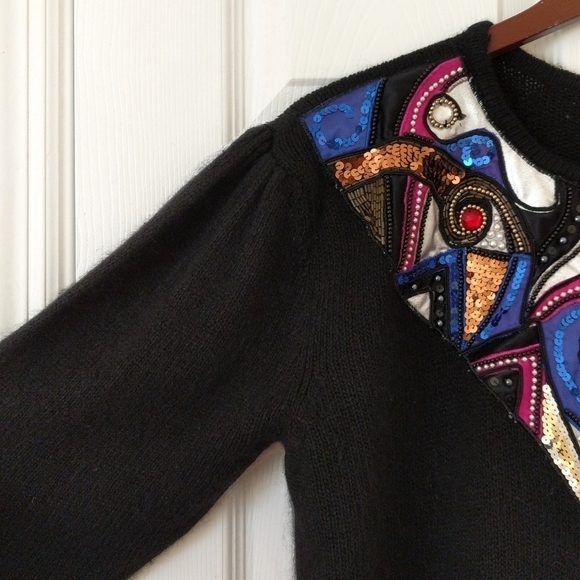 I. B. Diffusion 80's Vintage Funky Embellished Patch Yoke Silk Sweater Black L - Picture 5 of 12